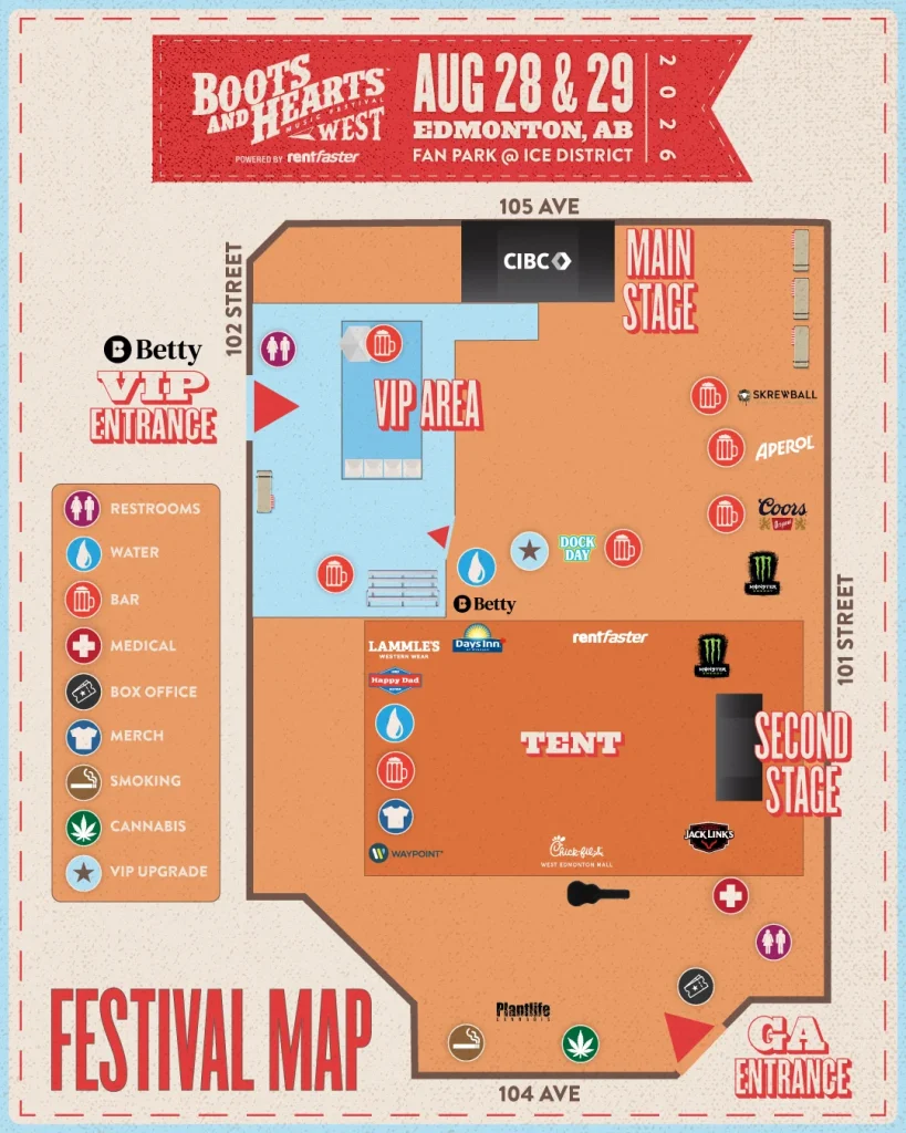 3. Boots and Hearts West 2026 festival site map for Fan Park at ICE District in Edmonton, showing GA and VIP entrances, VIP area, CIBC Main Stage, Second Stage inside a large tent, vendor and sponsor zones, and icons for restrooms, water, bars, medical, box office, merch, smoking, cannabis, and VIP upgrades.