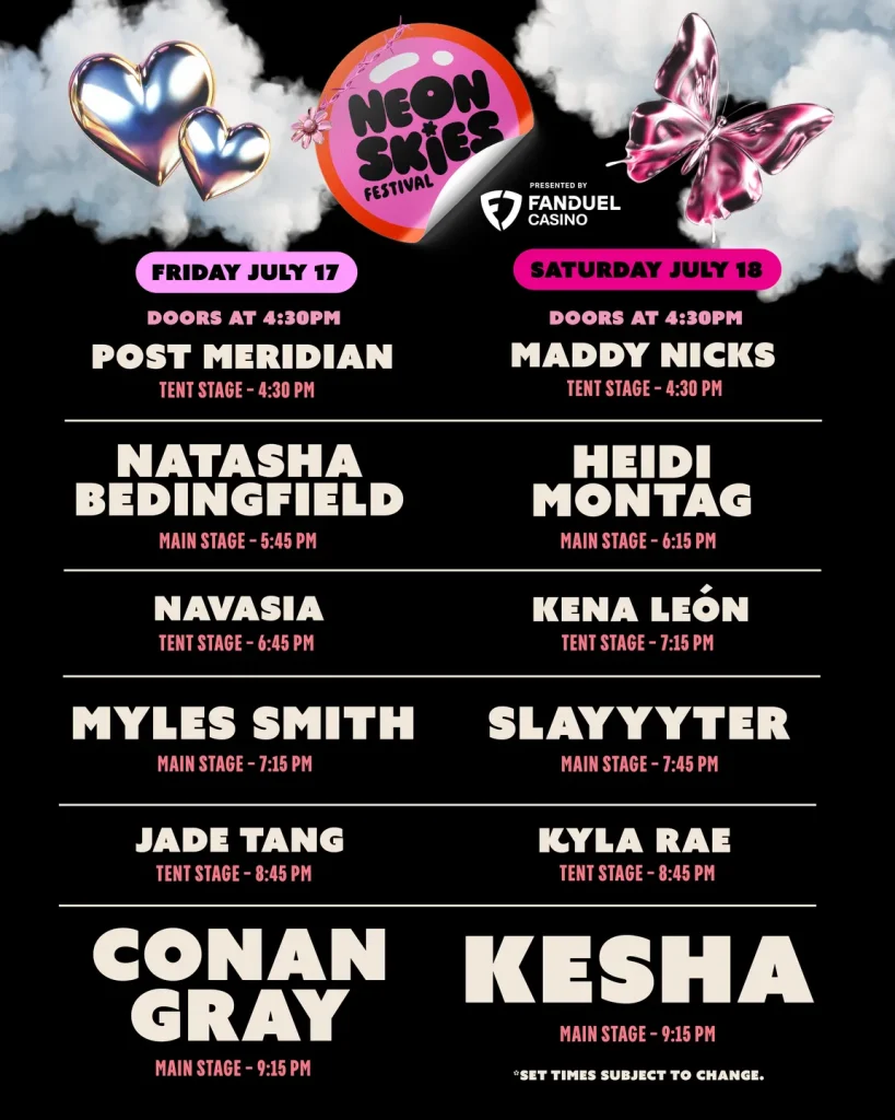Friday and Saturday lineup poster for Neon Skies Festival, showing artists, stages, and set times, presented by FanDuel Casino, with decorative chrome hearts, butterfly, and clouds.