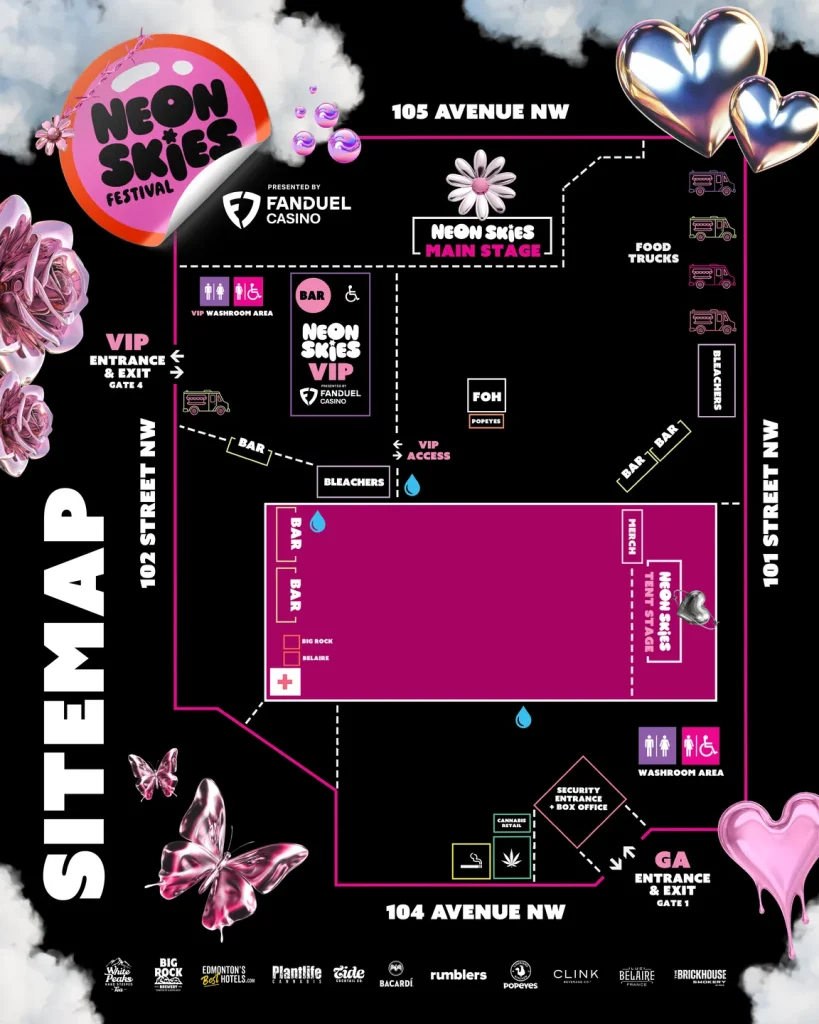 Sitemap map for Neon Skies Festival grounds showing entrances, stages, VIP area, food trucks, bars, washrooms, merch, first aid, water stations, and nearby streets, presented by FanDuel Casino.
