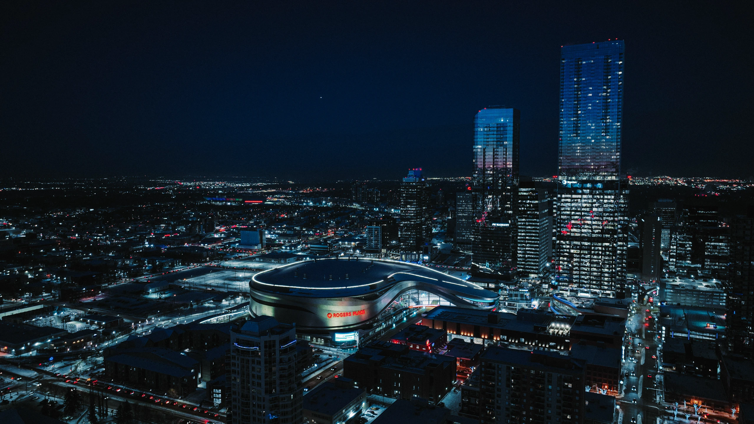 Drone photo of Rogers Place and ICE District in downtown Edmonton.