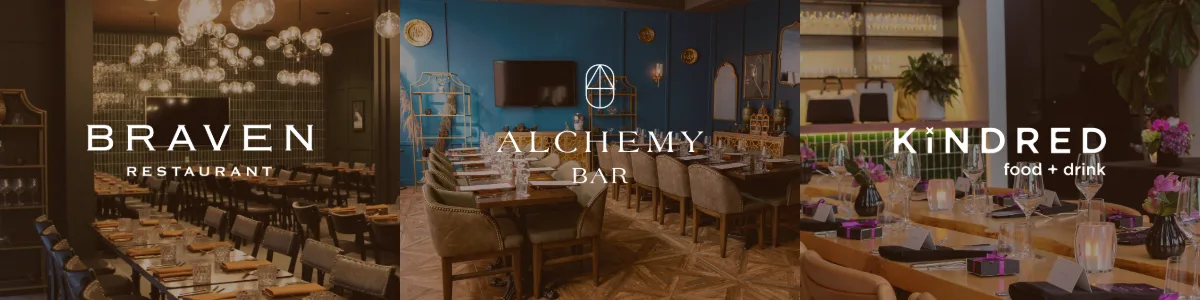 Collage image featuring Braven Restaurant, Alchemy Bar, and Kindred Food + Drink
